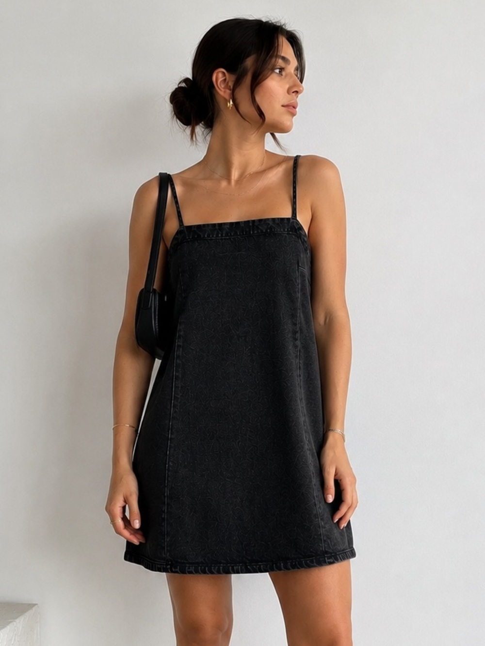 Frank And Oak Black Denim Mini Dress 100% Cotton Size M Boxy Straight Minimalist